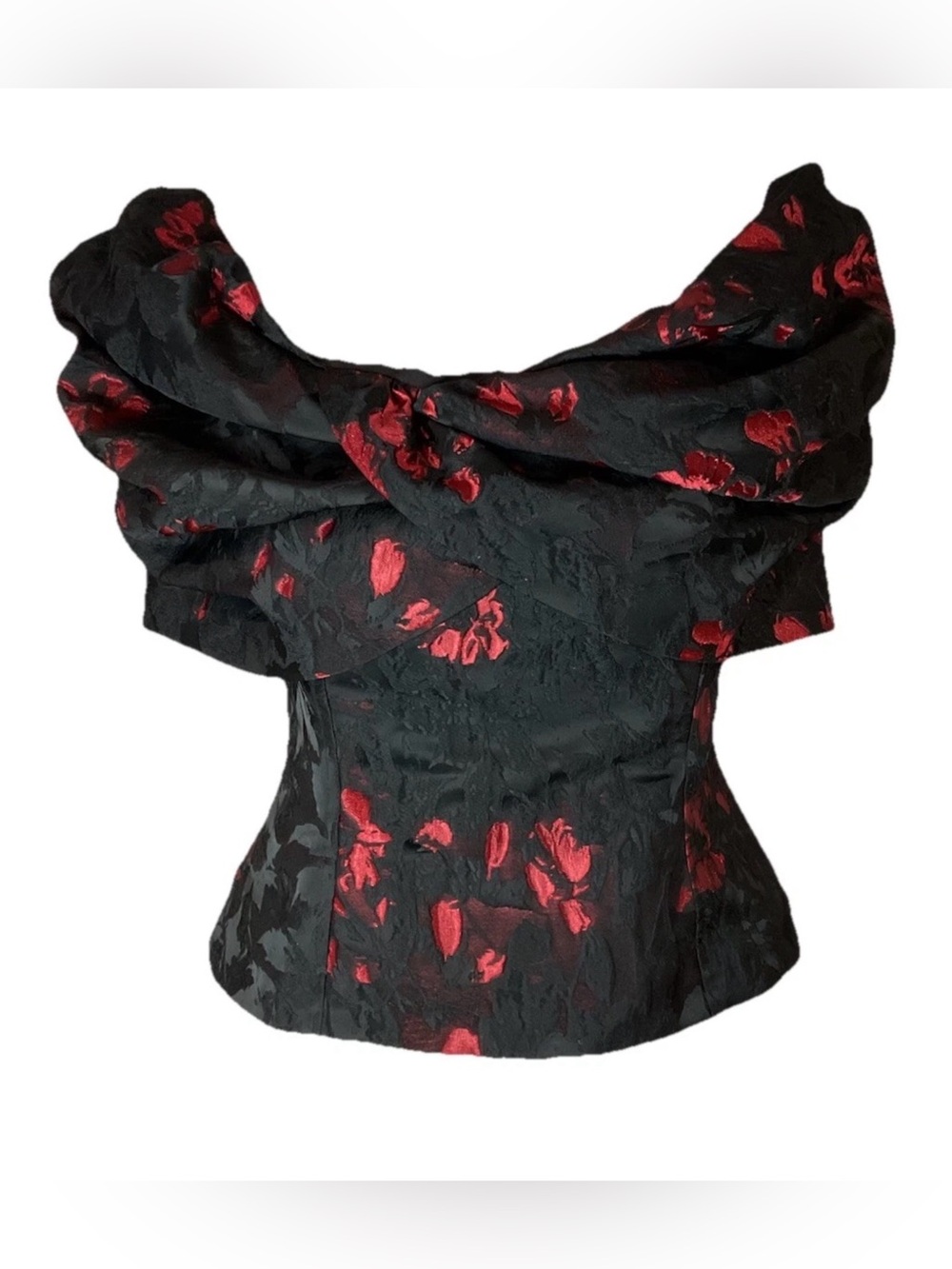 White House Black Market Black Off-Shoulder Top with Red Floral Jacquard